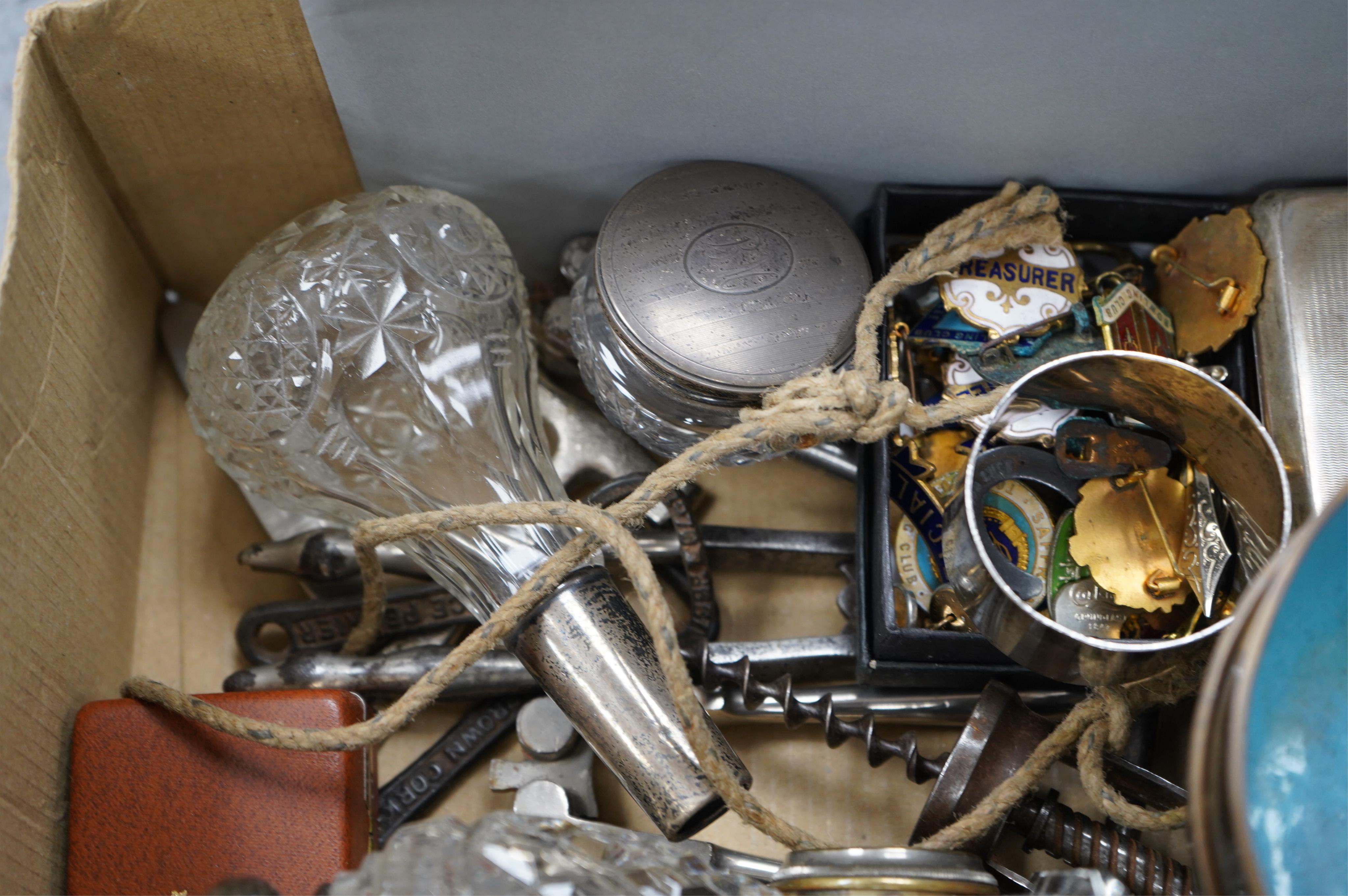 A quantity of assorted collectables to include some small silver, enamel badges and two cloisonné bowls, Condition - poor to fair